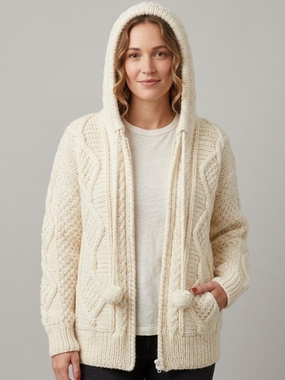 Handmade Peruvian Ivory Cable Knit Hooded Merino Wool Full-Zip Cardigan - Medium